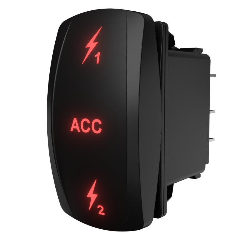 Angled side view of ACC rocker switch showing connector terminals and red illuminated ACC and lightning icons