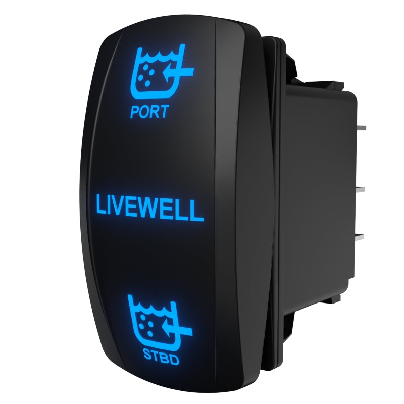 Angled rear-side view of illuminated Livewell PORT/STBD rocker switch showing spade terminals.