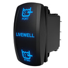 Angled rear-side view of illuminated Livewell PORT/STBD rocker switch showing spade terminals.