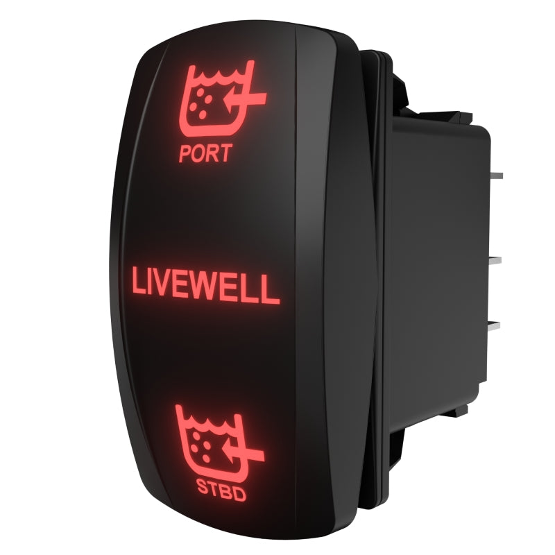 Angled side/rear view of LIVEWELL rocker switch with red backlit PORT/STBD labels and rear terminals