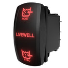 Angled side/rear view of LIVEWELL rocker switch with red backlit PORT/STBD labels and rear terminals