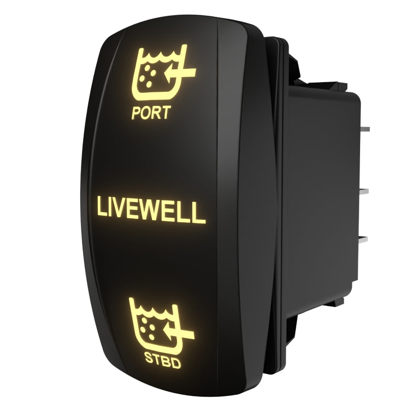 Backlit LIVEWELL rocker switch angled to show PORT/STBD icons and rear electrical terminals.