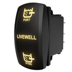Backlit LIVEWELL rocker switch angled to show PORT/STBD icons and rear electrical terminals.