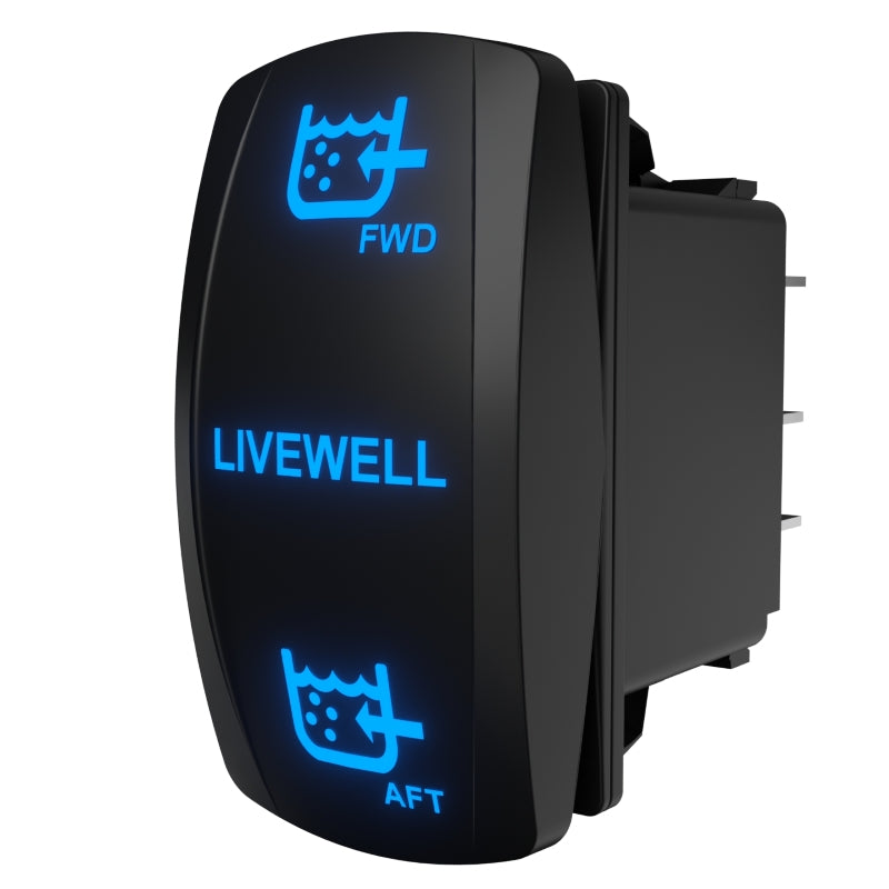 Angled rear-side view of a black LIVEWELL rocker switch with blue backlit FWD/AFT icons and exposed terminals.