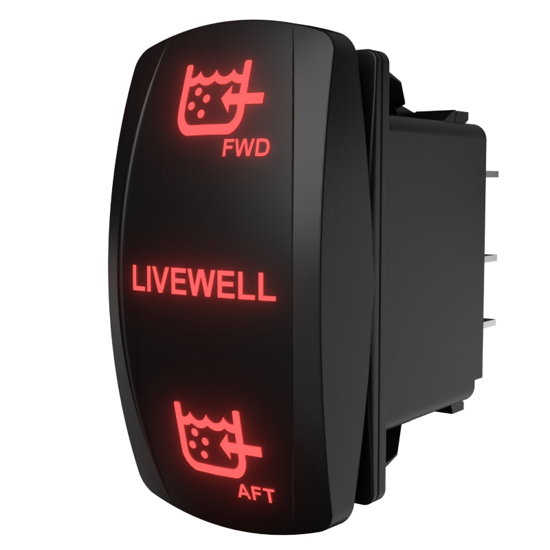 Angled side view of illuminated LIVEWELL rocker switch showing FWD/AFT icons and rear spade terminals