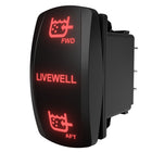 Angled side view of illuminated LIVEWELL rocker switch showing FWD/AFT icons and rear spade terminals