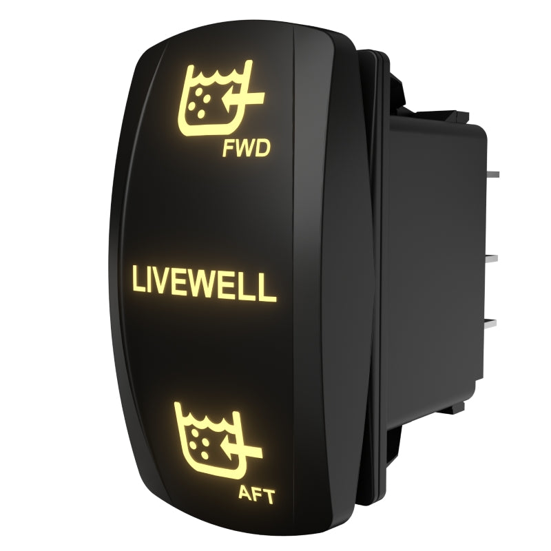 Angled view of Carling LIVEWELL rocker switch with illuminated FWD/LIVEWELL/AFT labels and rear connector pins