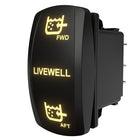 Angled view of Carling LIVEWELL rocker switch with illuminated FWD/LIVEWELL/AFT labels and rear connector pins