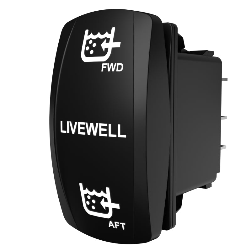 Carling Technologies LIVEWELL FWD/AFT black rocker switch with white icons and labels