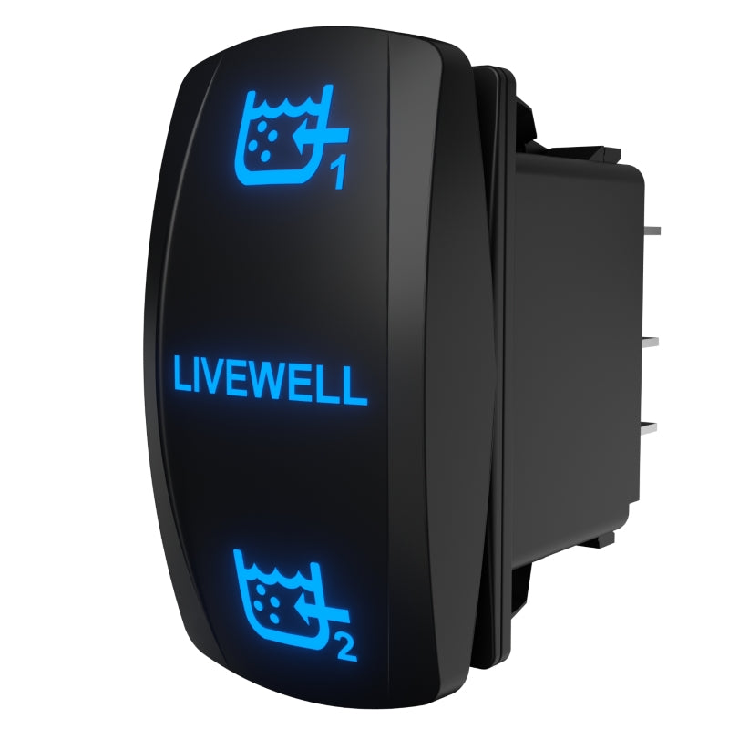 LIVEWELL 1/2 illuminated rocker switch, angled rear view showing blue icons, spade terminals and mounting clip