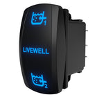 LIVEWELL 1/2 illuminated rocker switch, angled rear view showing blue icons, spade terminals and mounting clip