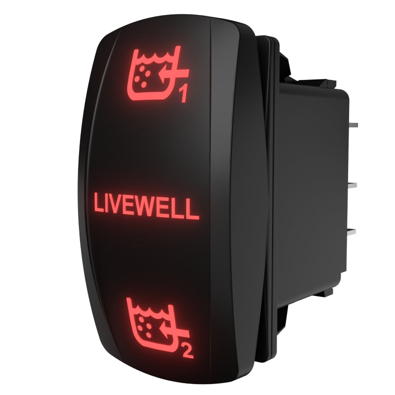 Angled side view of LIVEWELL 1/2 rocker switch with red backlit icons and exposed rear connector terminals