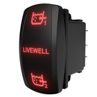 Angled side view of LIVEWELL 1/2 rocker switch with red backlit icons and exposed rear connector terminals
