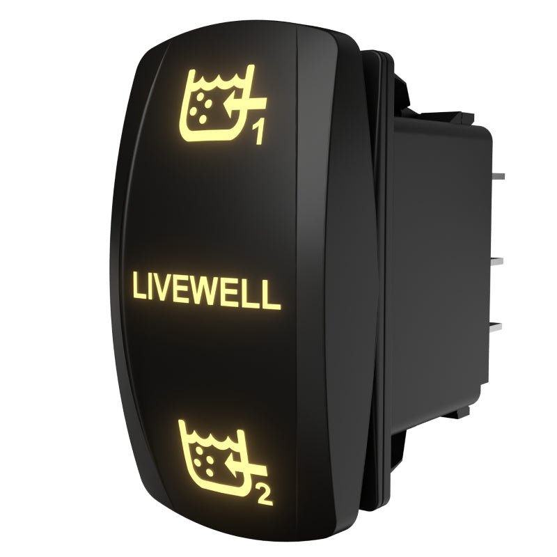 Front-right angled view of illuminated dual livewell rocker switch with tank 1/2 icons and rear terminals.