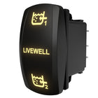 Front-right angled view of illuminated dual livewell rocker switch with tank 1/2 icons and rear terminals.