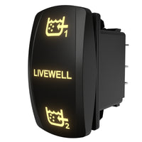 Front-right angled view of illuminated dual livewell rocker switch with tank 1/2 icons and rear terminals.