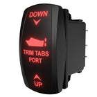 Angled rear view of lit Trim Tabs Port switch showing red DOWN/TRIM TABS PORT/UP legend and connector pins