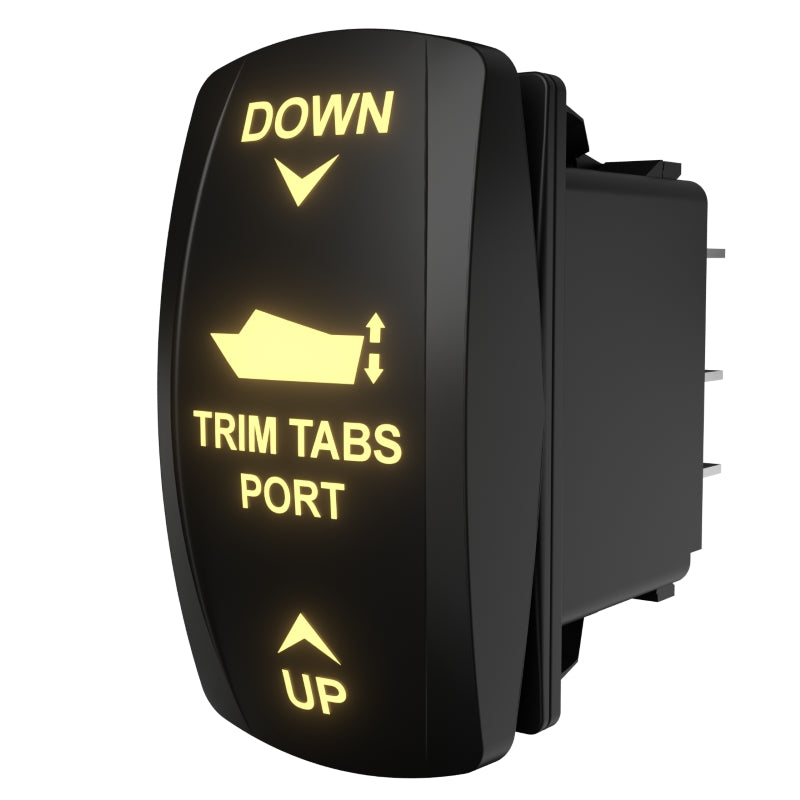 Angled side view of illuminated Trim Tabs Port rocker switch showing front legend and rear connector pins