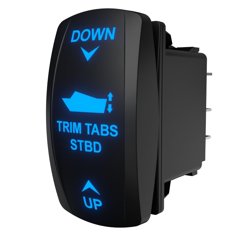 TRIM TABS STBD rocker switch angled side view showing illuminated blue legend and rear spade terminals.
