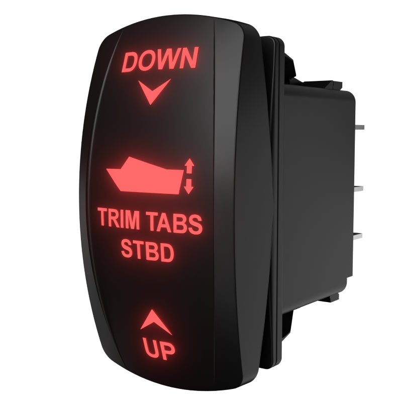 Angled side view of starboard trim-tabs rocker switch with red backlit legend and rear connector pins