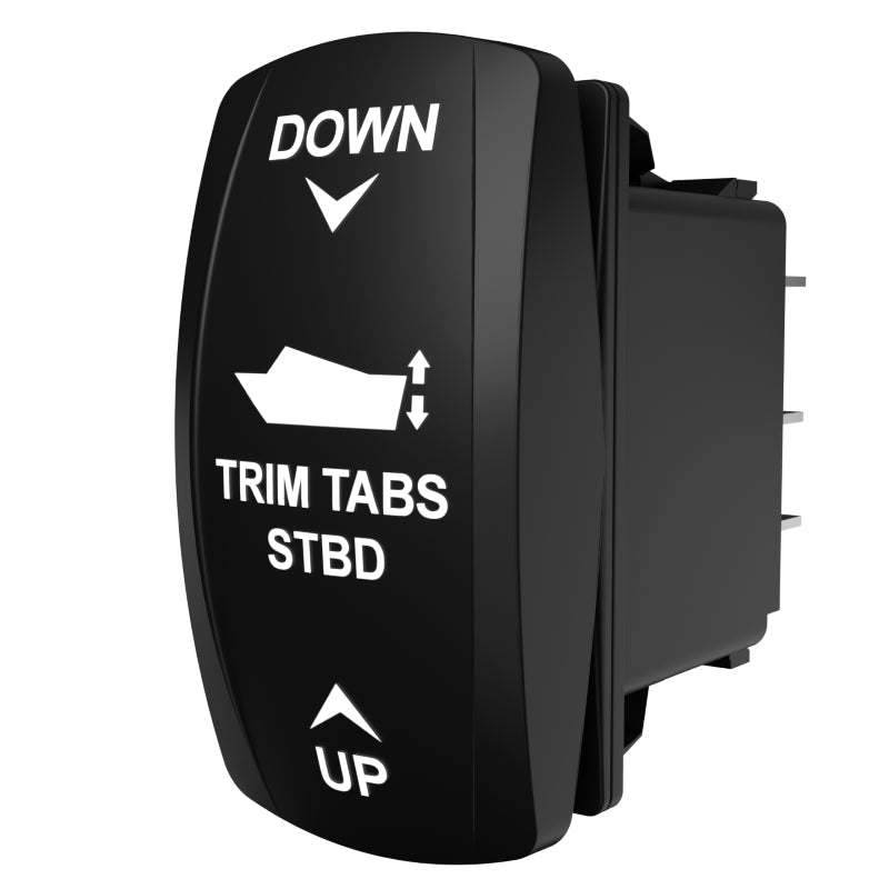 Carling Technologies black rocker switch labeled TRIM TABS STBD with UP/DOWN arrows