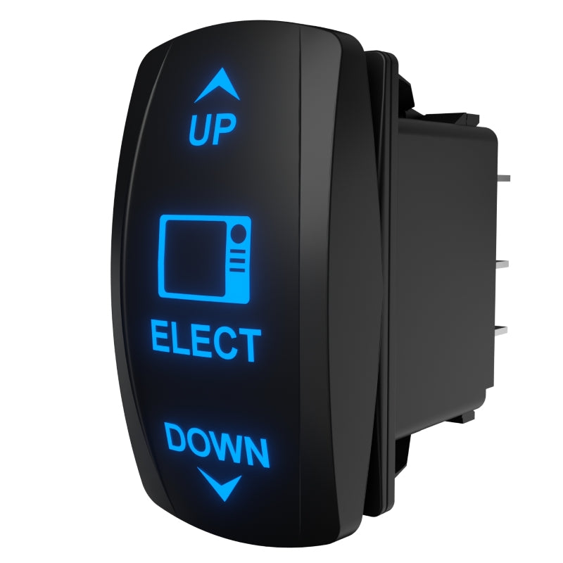 Angled side/rear view of Carling illuminated Elect up/down rocker switch showing spade terminals and mounting clip