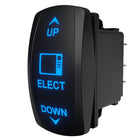 Angled side/rear view of Carling illuminated Elect up/down rocker switch showing spade terminals and mounting clip