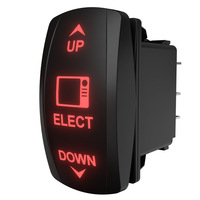 Illuminated ELECT up/down rocker switch, angled side view showing connector pins and red backlit legend