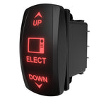 Illuminated ELECT up/down rocker switch, angled side view showing connector pins and red backlit legend