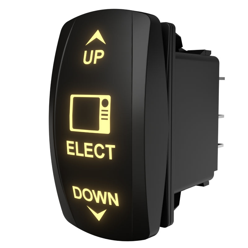 ELECT UP/DOWN illuminated rocker switch, angled rear-side view showing spade connectors and molded housing