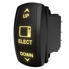 ELECT UP/DOWN illuminated rocker switch, angled rear-side view showing spade connectors and molded housing