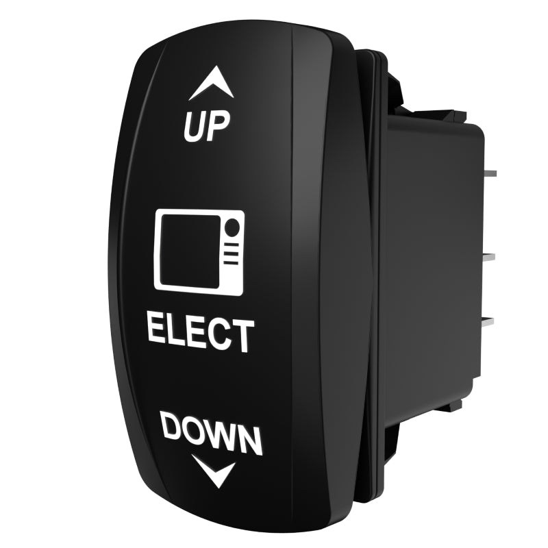 Carling Technologies black rocker switch labeled UP, ELECT, DOWN with arrow icons