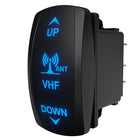 Backlit VHF antenna rocker switch, angled side view showing UP/ANT/VHF/DOWN labels and rear connector pins