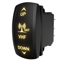 VHF antenna rocker switch, illuminated UP/ANT/VHF/DOWN, angled side view showing connector pins