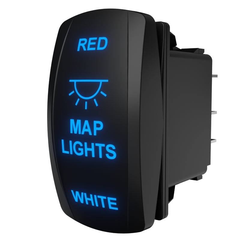 Carling angled side/rear view showing the map light rocker’s blue backlit legend and three spade terminals.