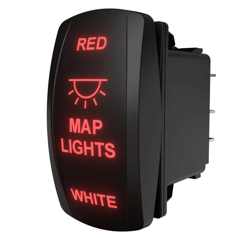 Three-quarter side/rear view of map light rocker switch showing illuminated red text and spade terminals.