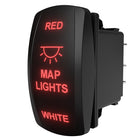 Three-quarter side/rear view of map light rocker switch showing illuminated red text and spade terminals.