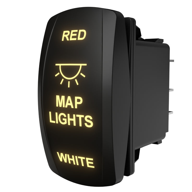 Angled side/rear view of illuminated map light rocker switch with RED/WHITE legends and rear spade terminals.
