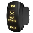 Angled side/rear view of illuminated map light rocker switch with RED/WHITE legends and rear spade terminals.