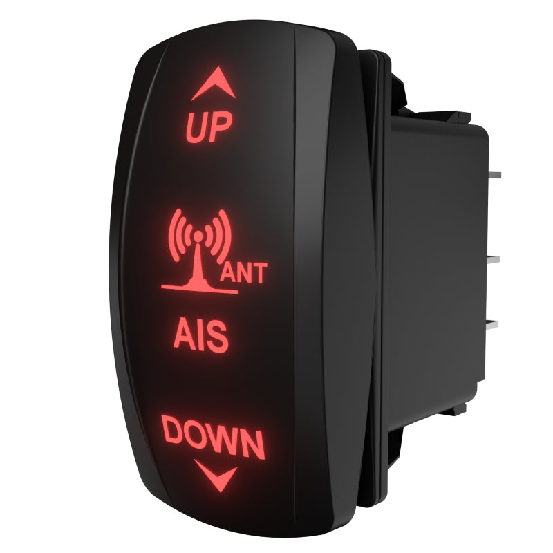 Carling AIS rocker switch, angled rear-side view showing illuminated red icons and exposed terminals