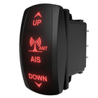 Carling AIS rocker switch, angled rear-side view showing illuminated red icons and exposed terminals