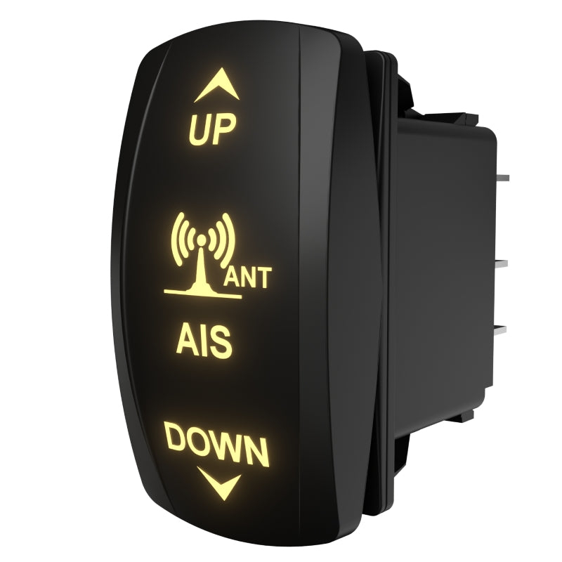 AIS antenna illuminated rocker switch, angled front view showing labeled face and rear connector pins