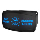 Angled front-side view of nav/anchor lights rocker switch with blue backlit labels and visible rear connector