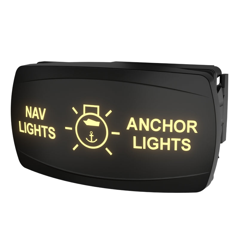 Front-angled view of illuminated NAV/ANCHOR LIGHTS rocker switch with right-side connector and mounting clip