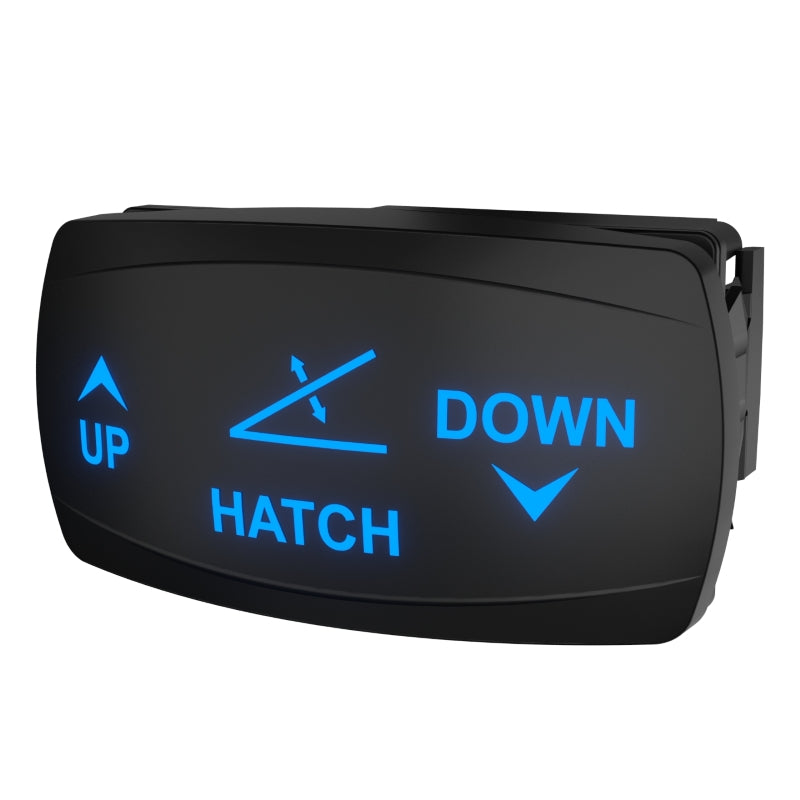 Angled front view of HATCH up/down switch with blue backlit UP/HATCH/DOWN icons and visible connector