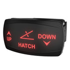 Carling illuminated hatch up/down rocker switch, angled view showing lit UP/DOWN labels and rear connector