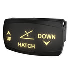 Front-angled view of Hatch up/down rocker switch showing illuminated UP/HATCH/DOWN labels and side connector.