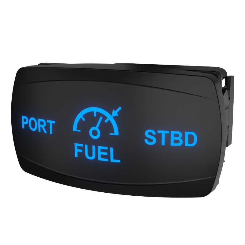 Carling Technologies illuminated FUEL PORT/STBD rocker switch, angled front-right view showing rear connector