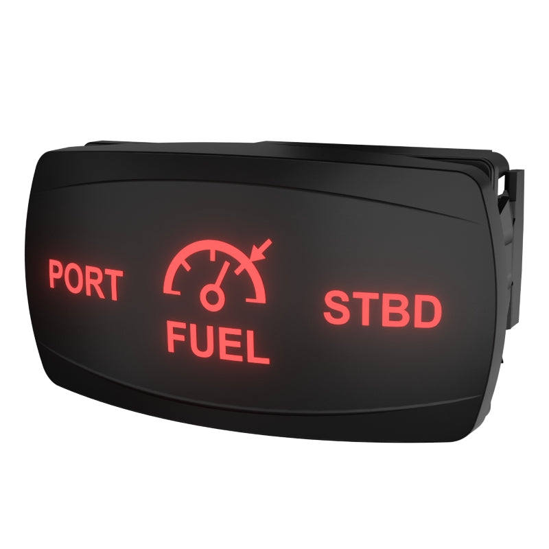 Angled front view of Carling fuel rocker switch with red 'PORT', fuel gauge icon, 'STBD' and side clip.