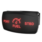 Angled front view of Carling fuel rocker switch with red 'PORT', fuel gauge icon, 'STBD' and side clip.